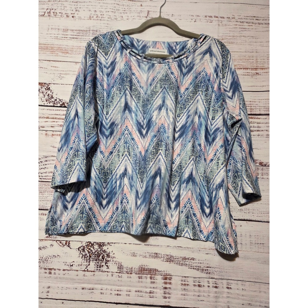 Alfred Dunner Petite XL Blue Pink Ikat Chevron 3/4 Sleeve Top Ladder Neckline